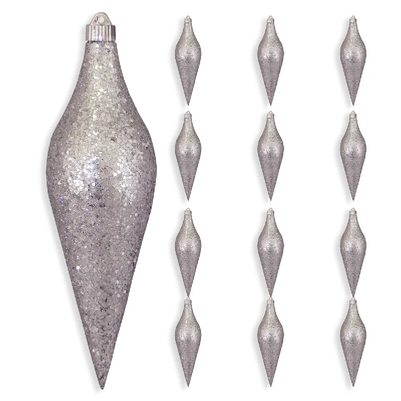 12" Silver Glitter Finial Shatterproof Set Of 4