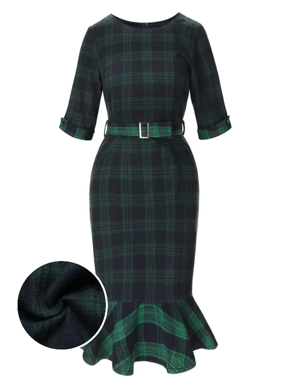 1930s Crew Neck Tartan Plaid Belted Mermaid Dress