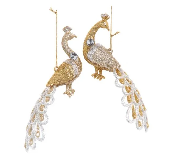 3.5" Gold & Platinum Peacock Ornament Set Of 6