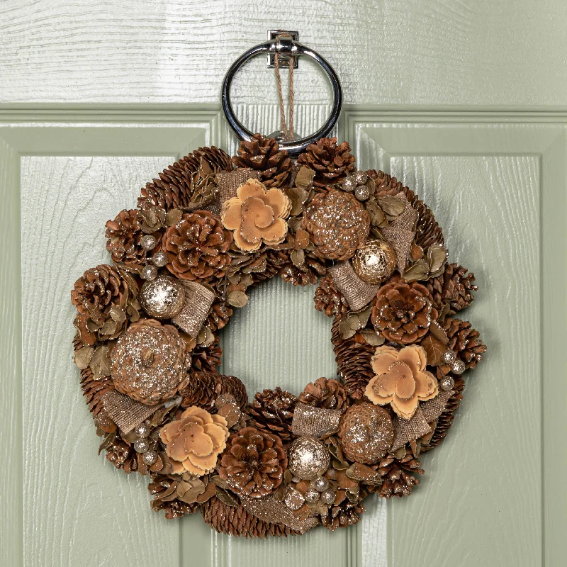 36cm Hanging Christmas Gold Fest Wreath with Pinecones and Gold Berries