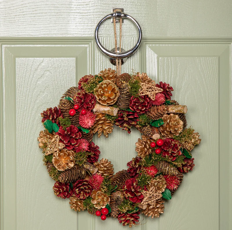 36cm Red Hanging Christmas Wreath with Red Berries and Pinecones