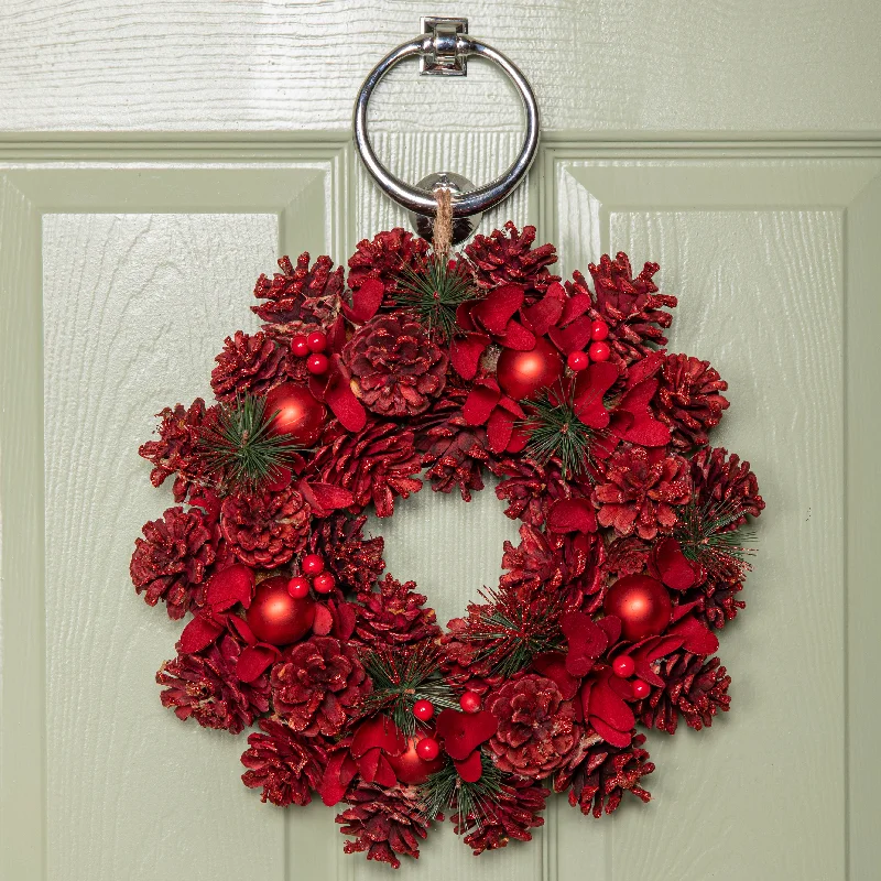 36cm Ruby Pine Hanging Christmas Wreath with Red Pinecones and Berries