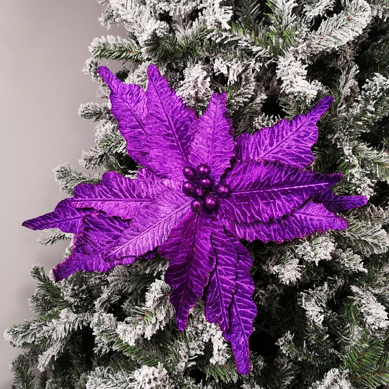 76cm Purple Velvet Poinsettia Stem with Glitter Christmas Decoration