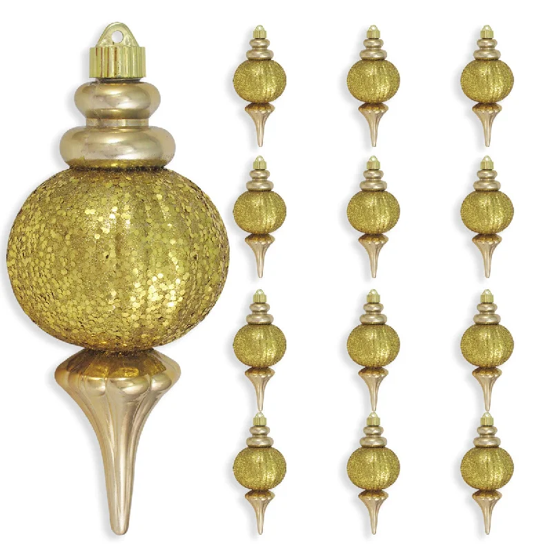 8" Gold Gilded Sequin Finial Shatterproof Set Of 6