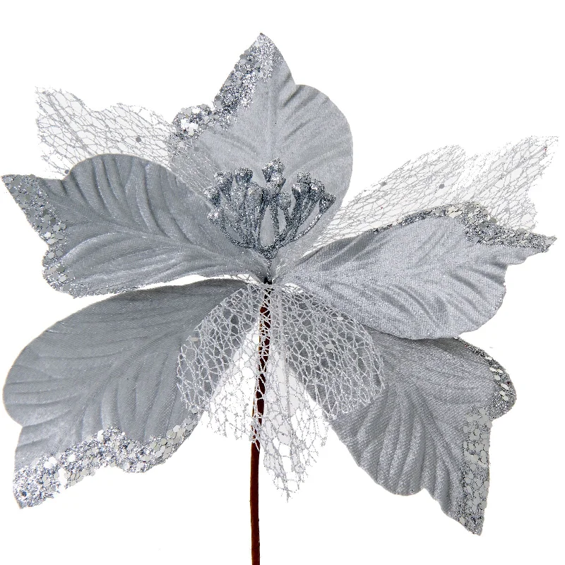 Artificial Poinsettia Flower, Silver, 30 cm