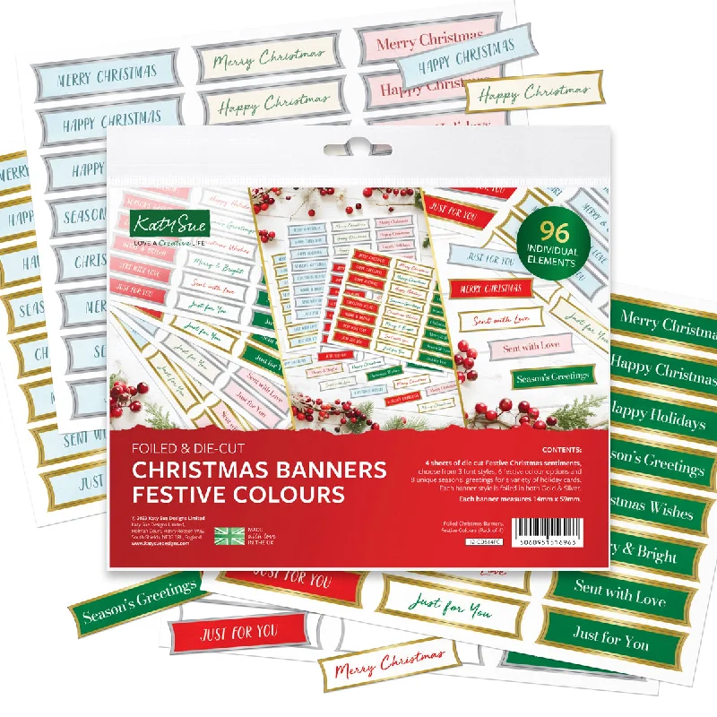 Foiled Christmas Banners, Festive Colours, Pack of 4