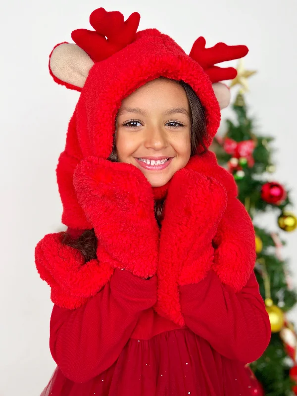 Girls Red Nosed Reindeer Hooded Pocket Scarf