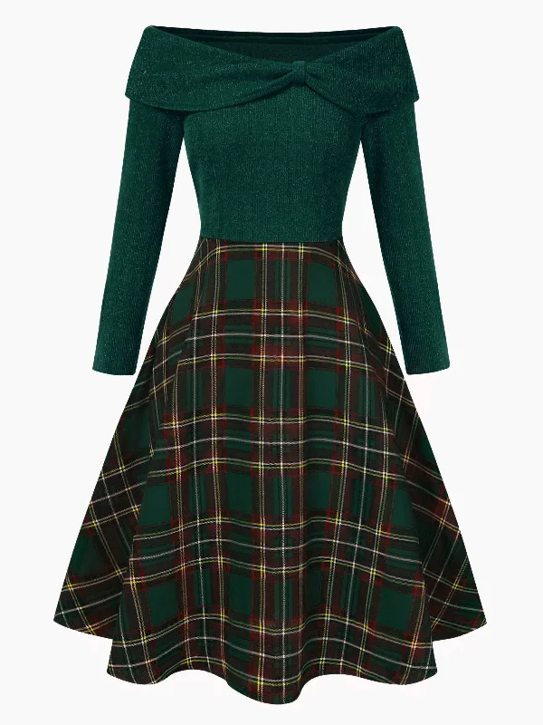 [Pre-Sale] Green 1950s Christmas Off Shoulder Tartan Dress