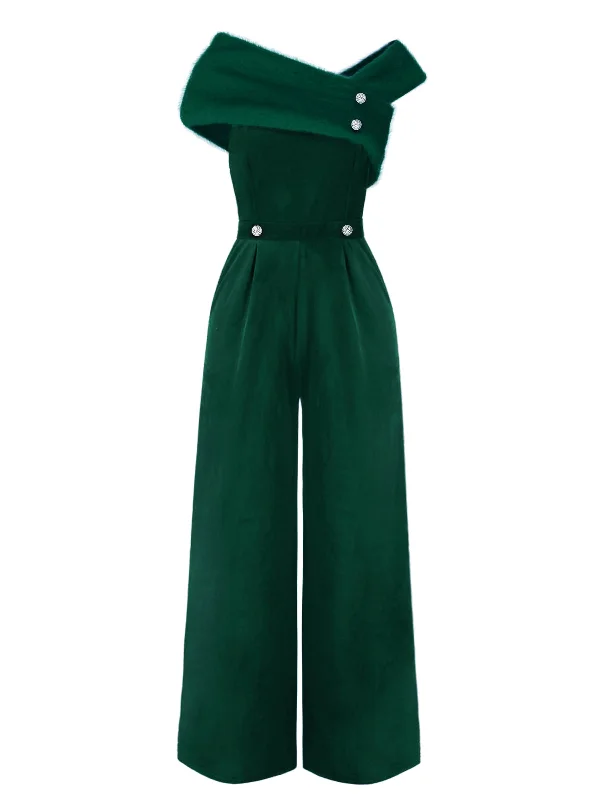 [Pre-Sale] Green 1950s Velvet Off Shoulder Button Jumpsuit