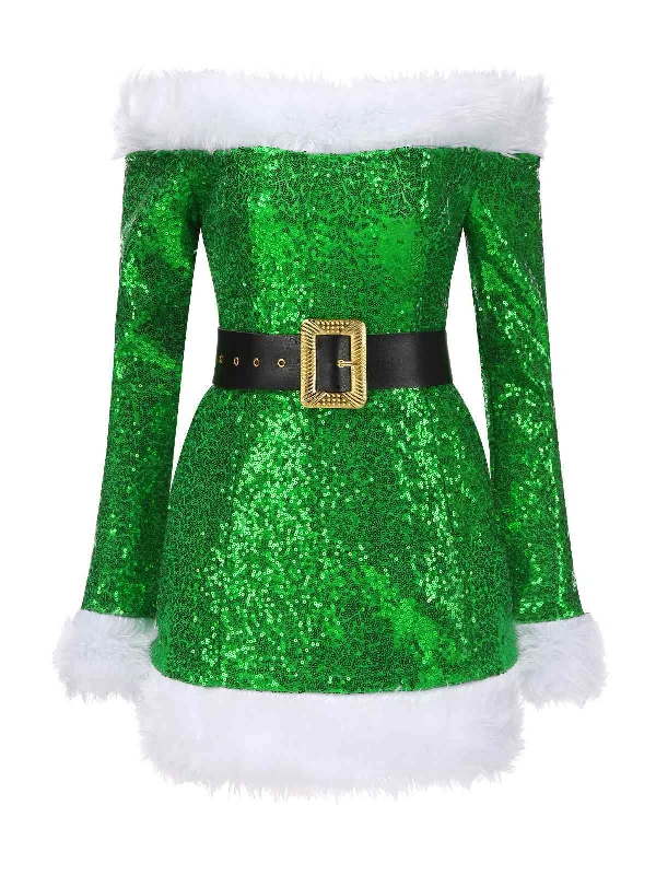 Green 1960s Christmas Plush Sequined Patchwork Dress