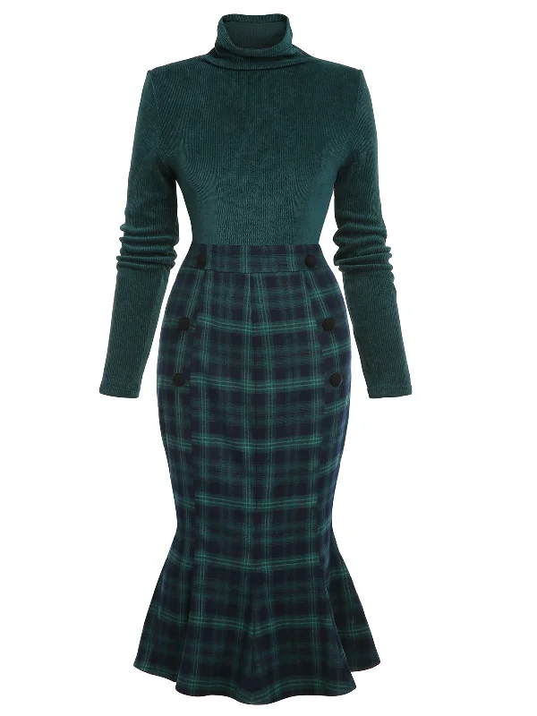 Green 1930s Plaid Turtleneck Fishtail Dress