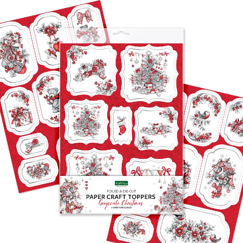 Greyscale Christmas Foiled Paper Craft Toppers, 6 sheets