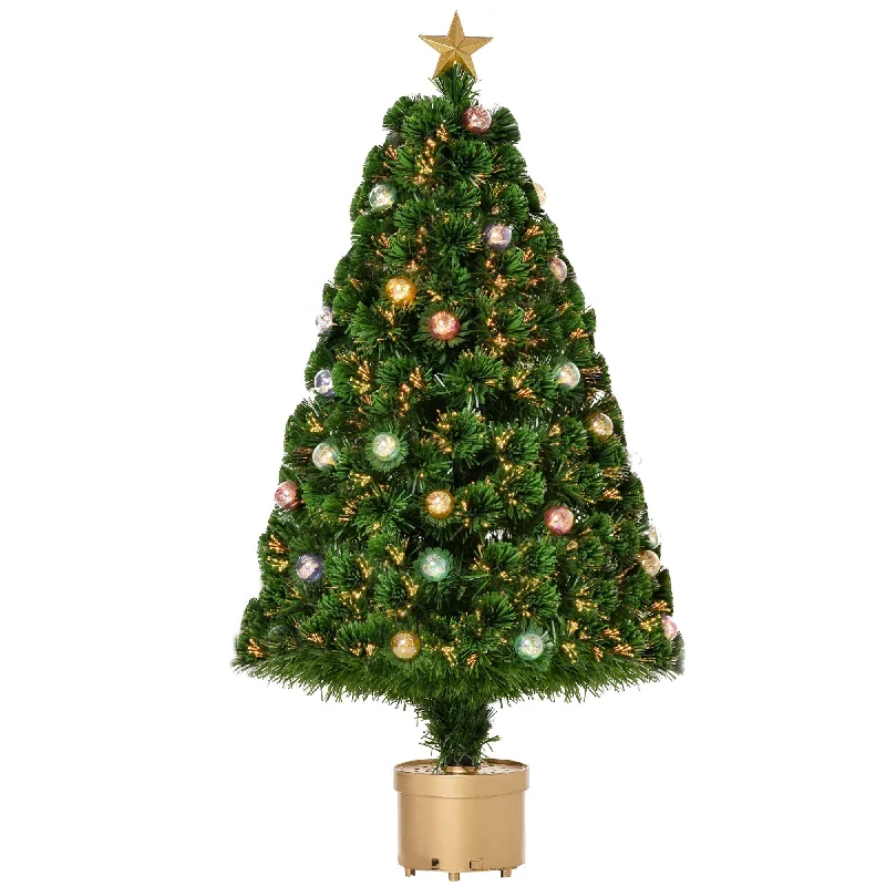 Homcom 4 Foot Prelit Artificial Christmas Tree Fiber Optic Holiday Home Xmas Indoor Decoration with Golden Stand Green