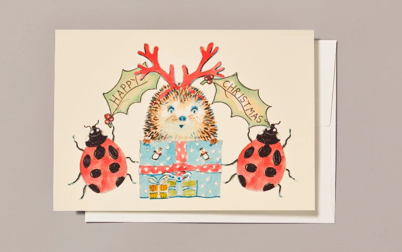 Illustrated Christmas Greeting Card, Ladybirds and Presents