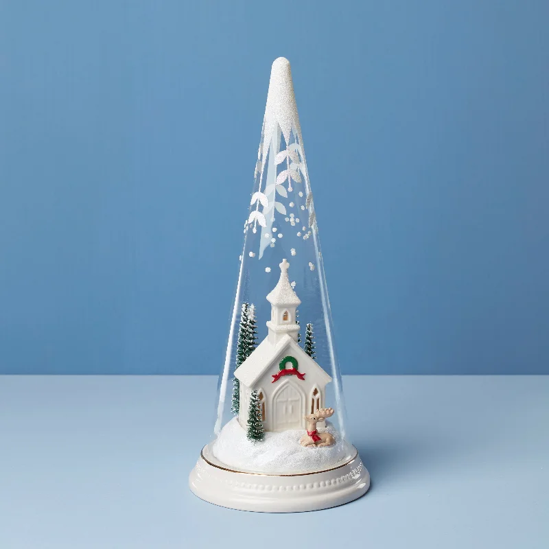 Lit Christmas Cone With Church Scene