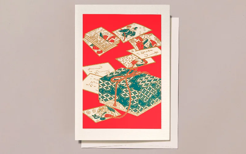 Silk-Screen Printed Japanese Christmas Greeting Card, Box and Pictures