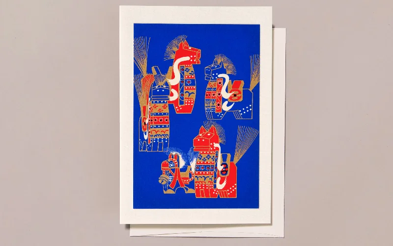 Silk-Screen Printed Japanese Christmas Greeting Card, Wooden Horses