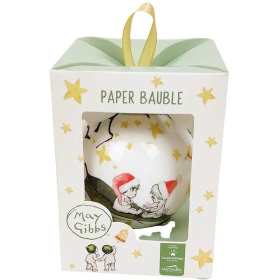 May Gibbs Gumnut Babies Sitting on a Gum Leaf Christmas Bauble Gift Box Green