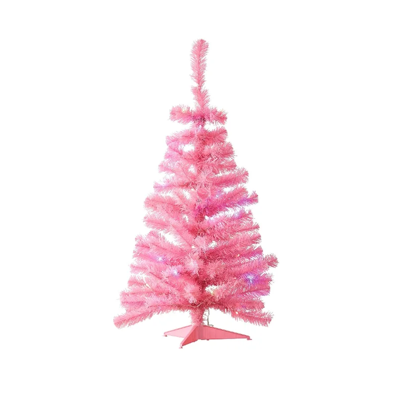 Pink Table Top 3-Ft Christmas Tree - White/Multi-Color LED Lights