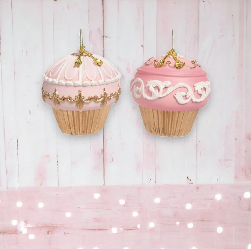 3.5" Pink & Gold Cupcake Ornaments Assorted Set Of 2