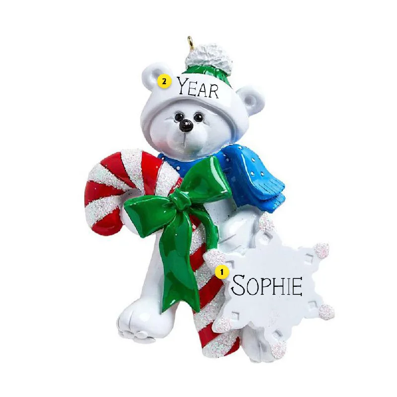 Personalized Polar Bear with Candy Cane Ornament