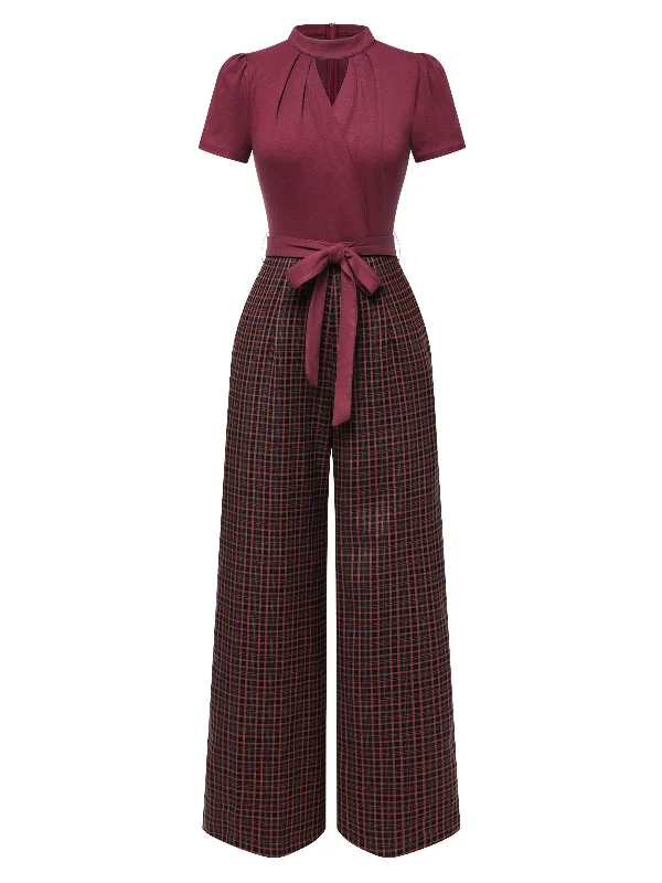 [Pre-Sale] Red 1930s Plaid Keyhole Neck Belted Jumpsuit