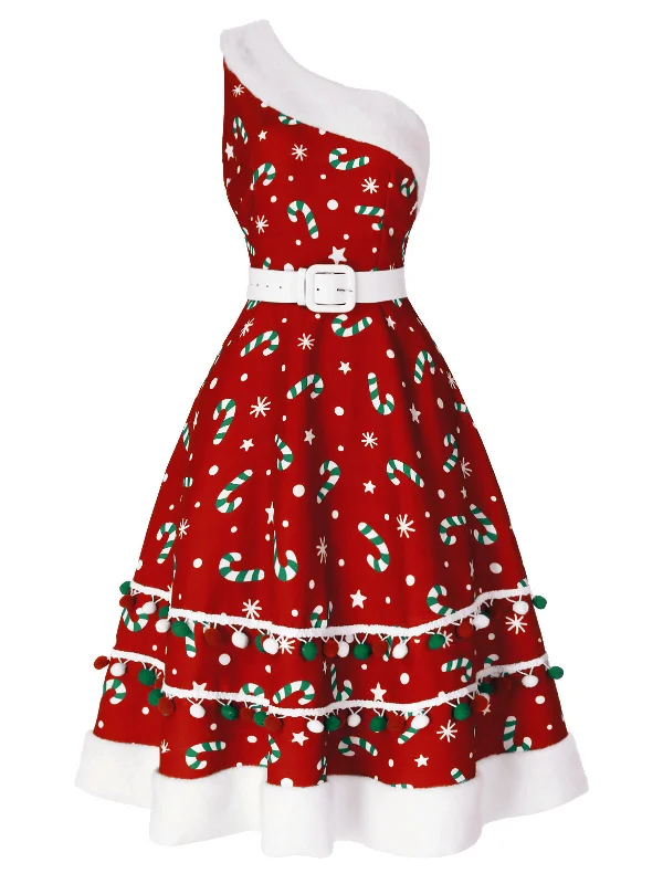 [Pre-Sale] Red 1950s Candy Cane One-Shoulder Dress