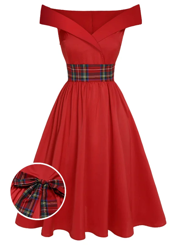 Red 1950s Christmas Plaids Off-Shoulder Dress