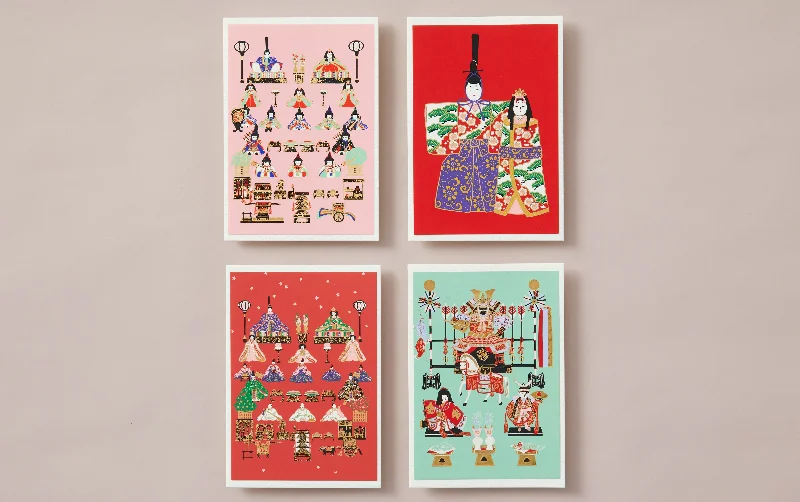 Set of 4 Silk-Screen Printed Japanese Christmas Greeting Cards, Hinamatsuri Dolls