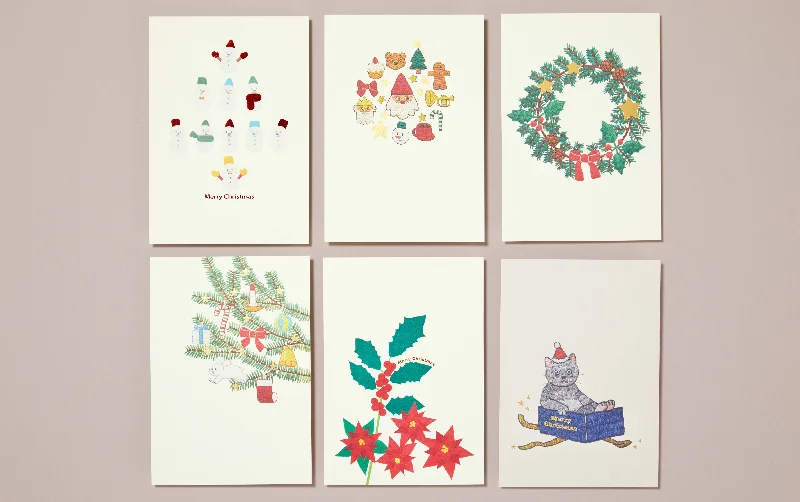 Set of 6 Christmas Foiled Postcards, Cute Christmas