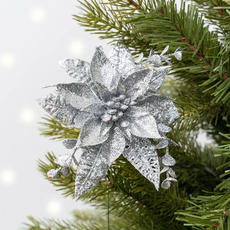 Silver Glitter Poinsettia Pick 15cm