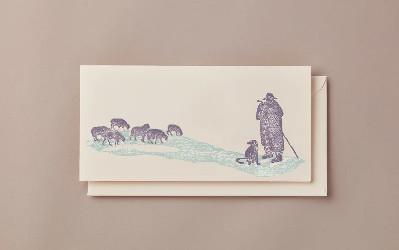 Woodblock Printed Winter Scene Card, shepherd