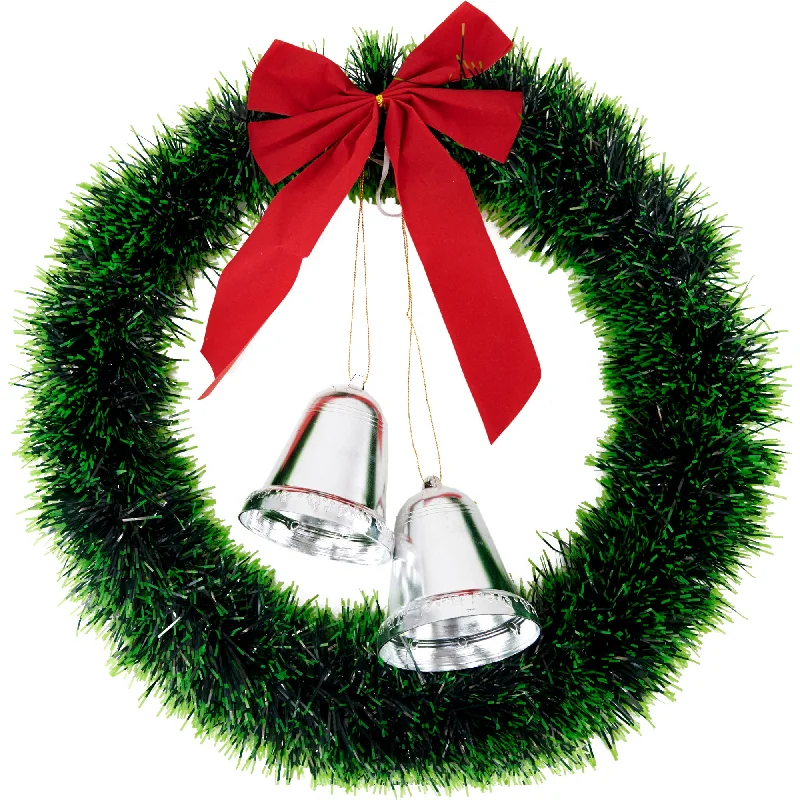 Christmas Plain Wreath with Ribbon & Silver Bell, 60cm