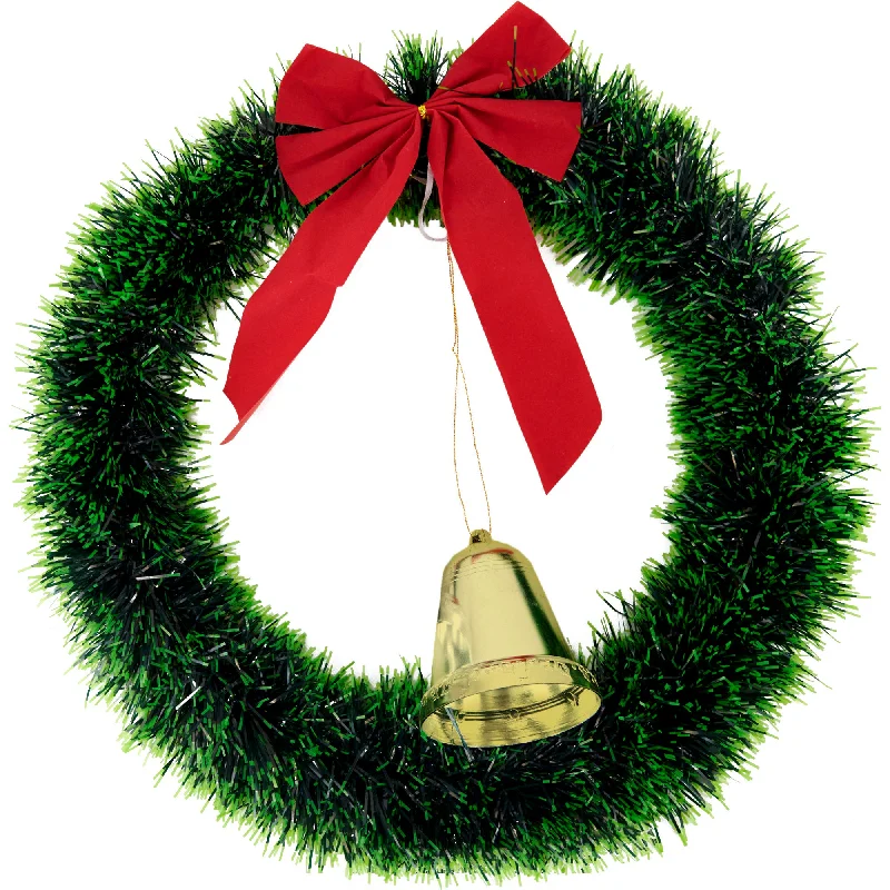 Christmas Plain Wreath with Ribbon & Gold Bell, 44cm