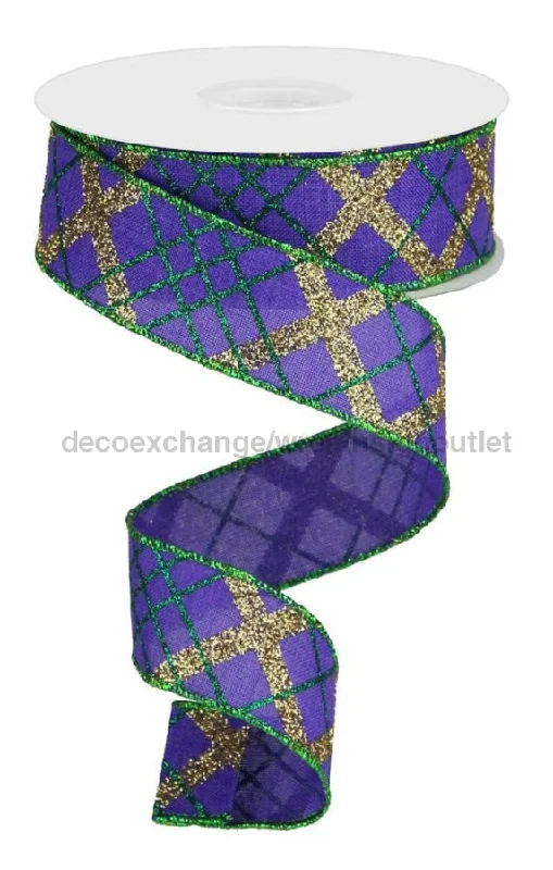 1.5"X10Yd Glitter Diagonal Plaid/Royal Purple/Gold/Emerald RGA122223