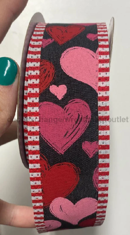 1.5"X10Yd Hand Drawn Hearts/Thin Stripe Black/Red/Hot Pink/White RGA8948