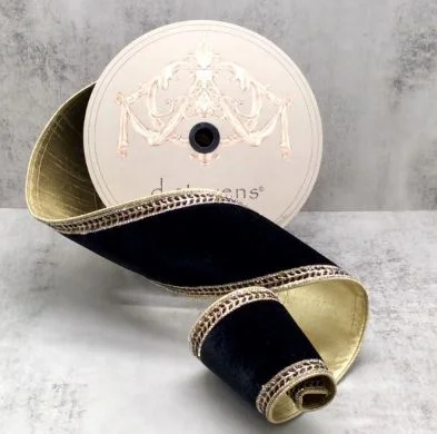 4" X 10YD Black & Gold Velvet Ribbon