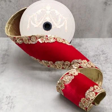 4" X 5YD Red & Gold Jewel Velvet Ribbon