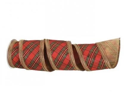 4" X 5YD Red & Gold Plaid Wired Ribbon