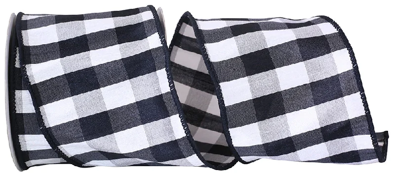 4"x10Yd Grand Gingham Check Wired Edge Ribbon, Black, White