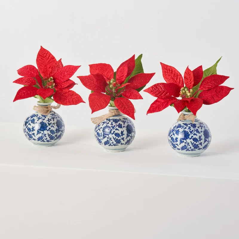 Classic Holiday Red Poinsettia in Blue & White Chinoiserie Bud Vase Christmas Decor - Set of 3