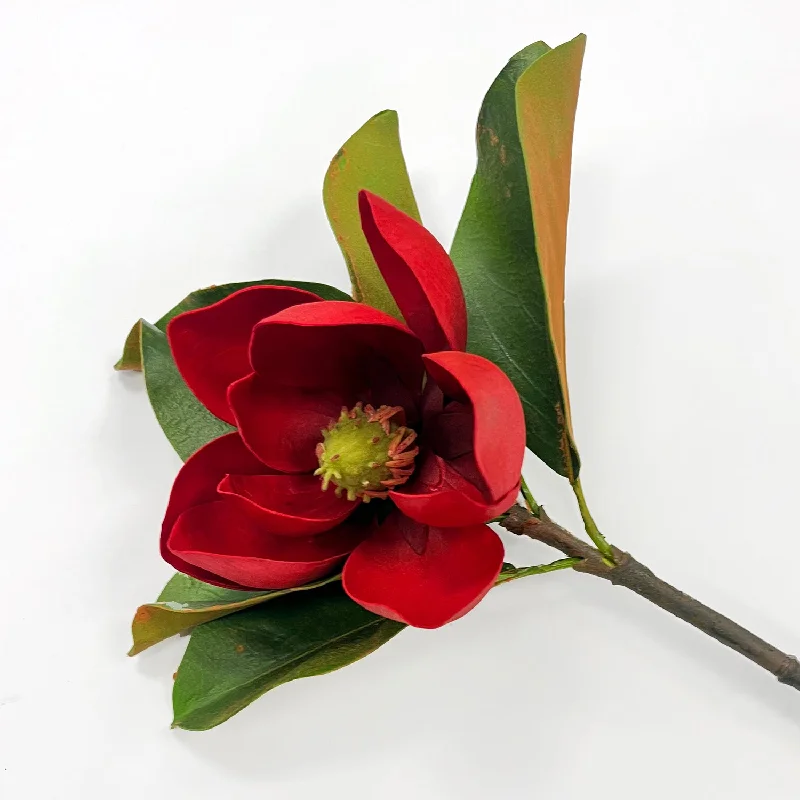 Real Touch Christmas Red Magnolia Small Bloom Floral Stem - 24"