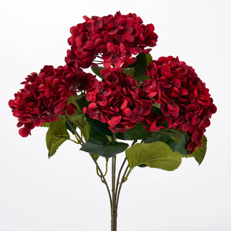 Deep Red Hydrangea Blooms Faux Floral Bush Stem Bouquet- 17"