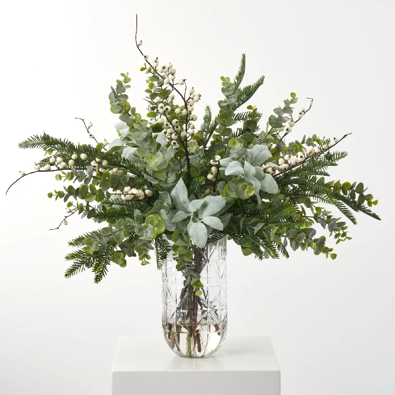 Deluxe Winter Green - Fraser Fir, Eucalyptus, Lamb's Ear & White Snowberry in Beveled Glass Vase Large Holiday Centerpiece Water Illusion Arrangement