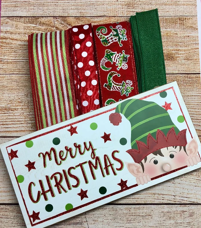 Elf Christmas Sign and Ribbon Kit,  Christmas Wreath Kit, Wreath Supplies