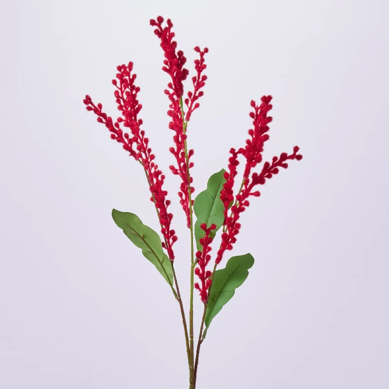 Fuzzy Red Flocked Acacia Branch Spray - 31"