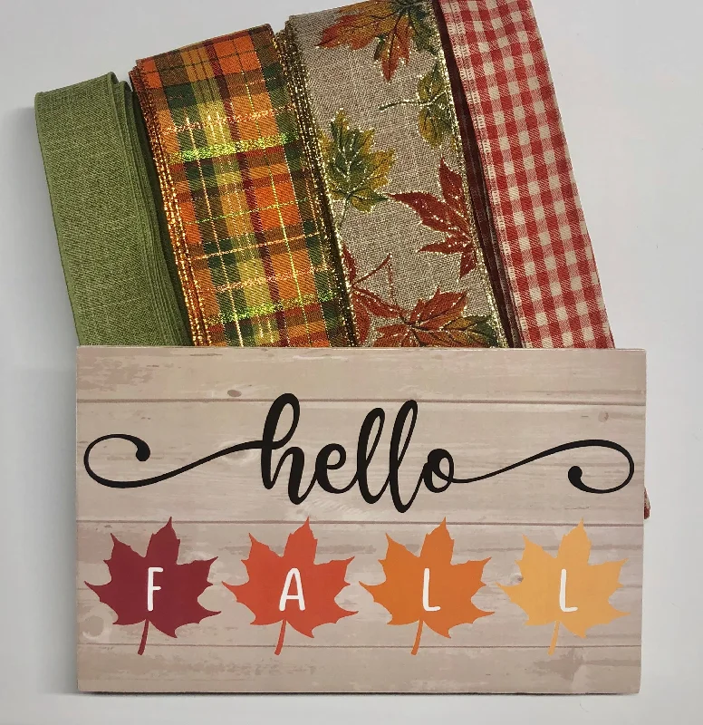 Hello Fall Leaves Fall Sign and Ribbon Kit, Thanksgiving Wreath Kit, Wreath Supplies