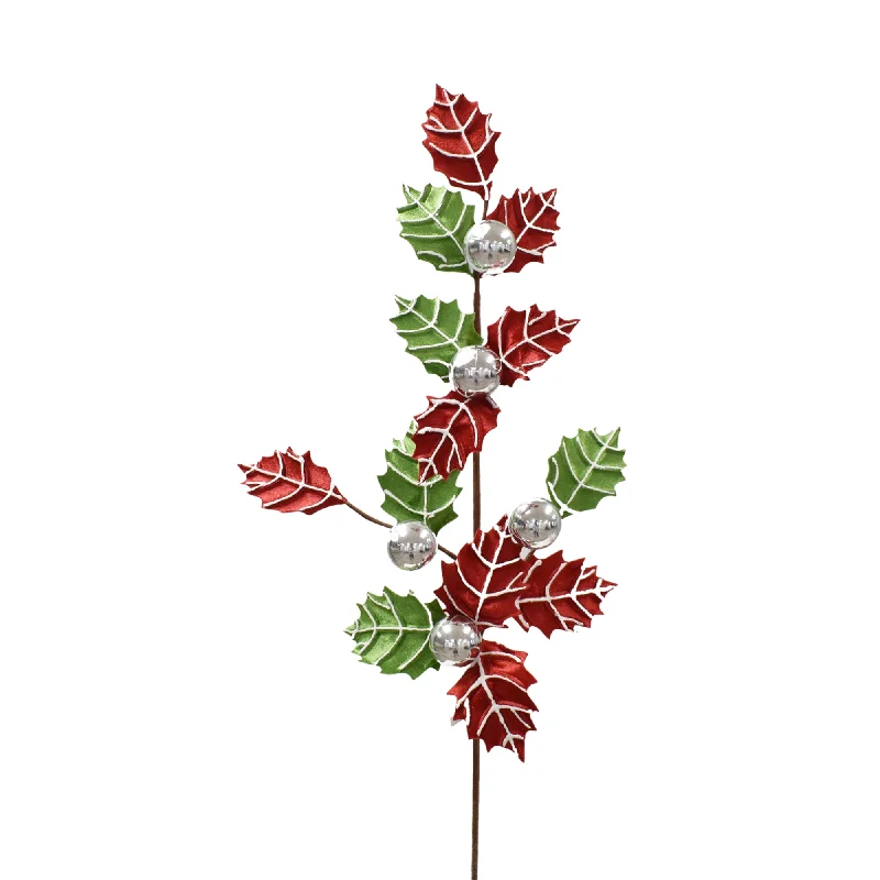 Merry Metallic Ball/Holly Leaf Spray 28.25" in Red/Green | QG