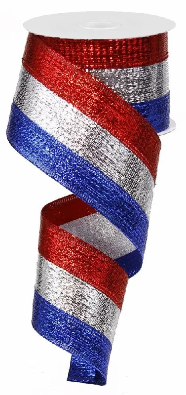 Metallic 3 in 1 Wired Edge Ribbon, 2.5" x 10 Yards (Red, Silver, Blue)