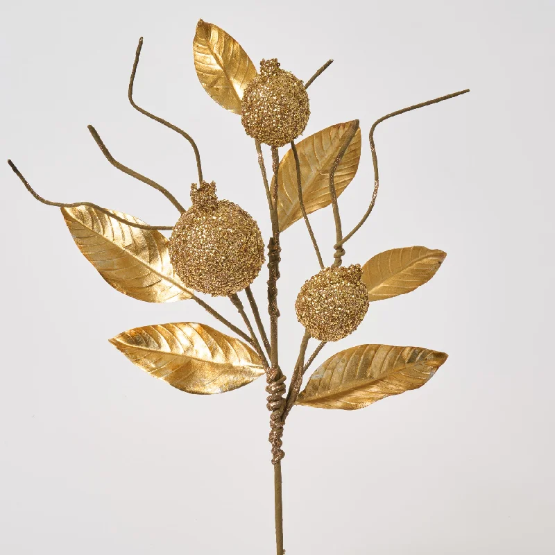 Metallic Magnolia Leaf & Sequined Pomegranate Stem Spray - 23"